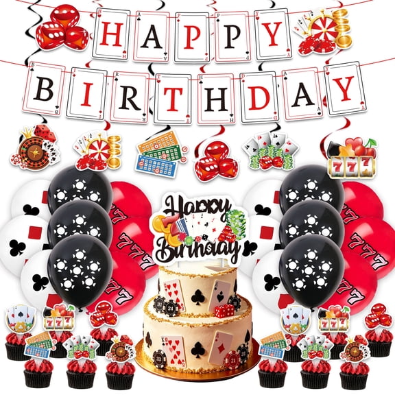 casino party decorations, poker game night supplies, playing card birthday decor, casino cake toppers, poker themed latex balloons, las vegas party supplies
