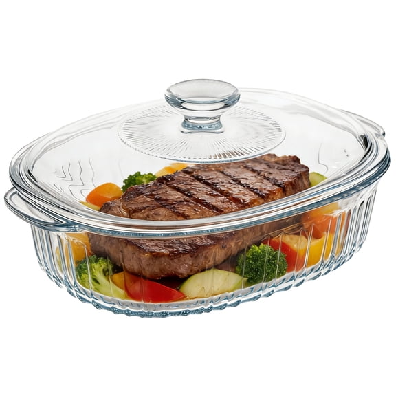 1.9 QT Oval Glass Casserole Dish with Lid and Handle, Clear Borosilicate Glass Baking Dish, Oven & Fridge Safe, Easy-to-Clean Casserole Food Container for Cooking