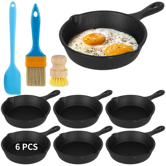 6 Pcs Cast Iron Frying Pans Set, Includes Spatula, Oil Brush, and Scrub Brush, 4" Cast Iron Skillets, Mini Nonstick Frying Pans, Small Plate Egg Pans for Indoor Outdoor Kitchen