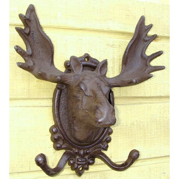 cast iron rustic MOOSE HEAD w/ ANTLERS wall hook Plaque
