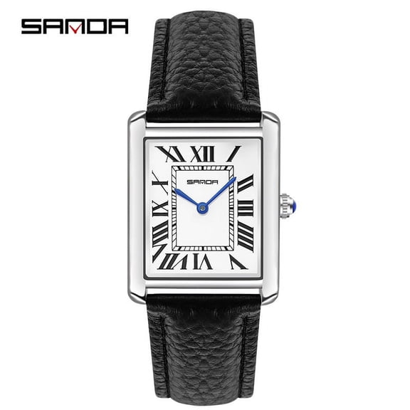 A casual and fashionable wristwatch with a butterfly clasp, a classic timepiece. It's a rectangular-shaped "Tank" style women's watch, made of genuine leather, waterproof, and equipped with a quartz