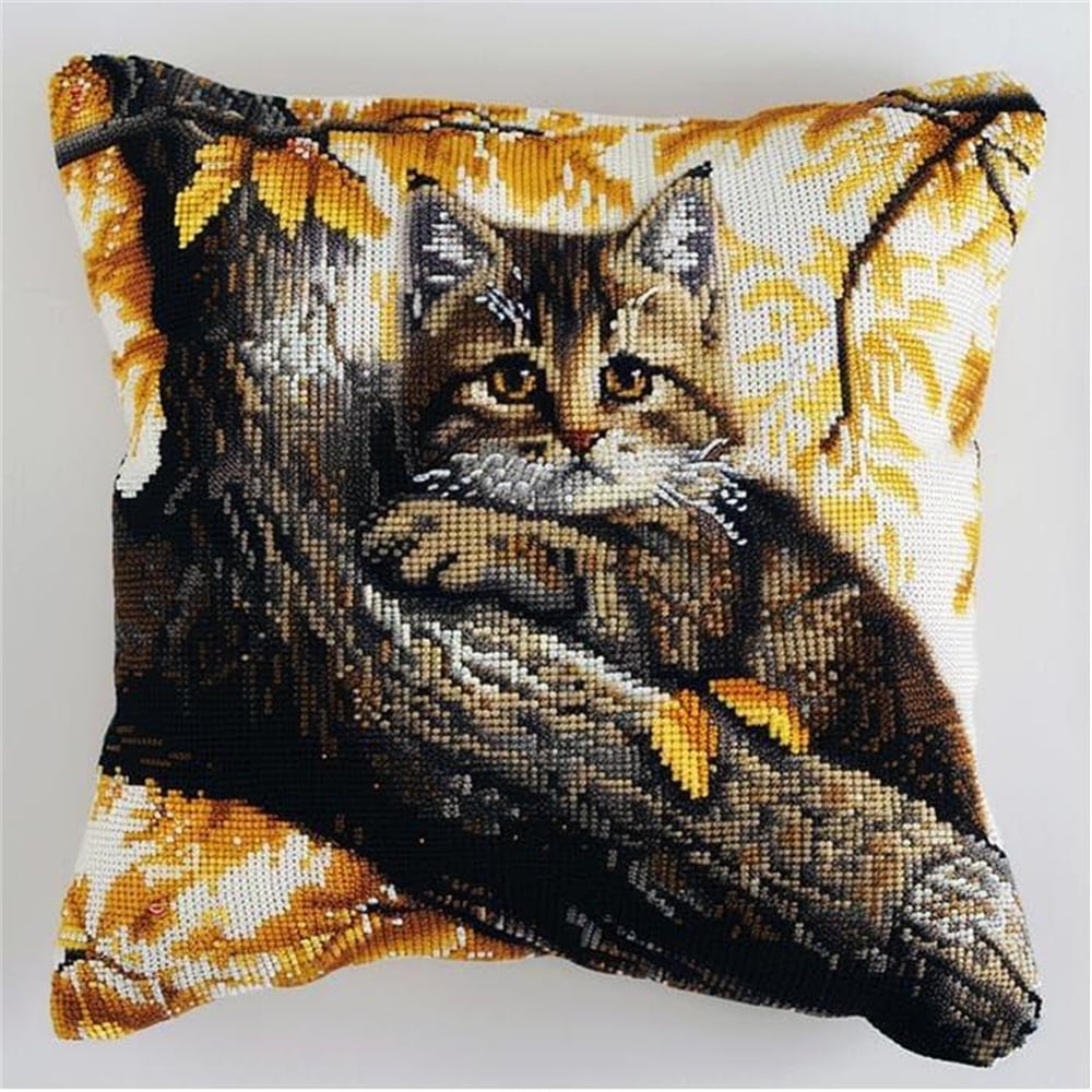 cat on a Branch DIY Printed Cross Stitch Pillow Kits,Cute Kitten Embroidery Kit for Adults 11CT Cross Stitch Kit Printed Canvas Needlework Decoration 17x17in
