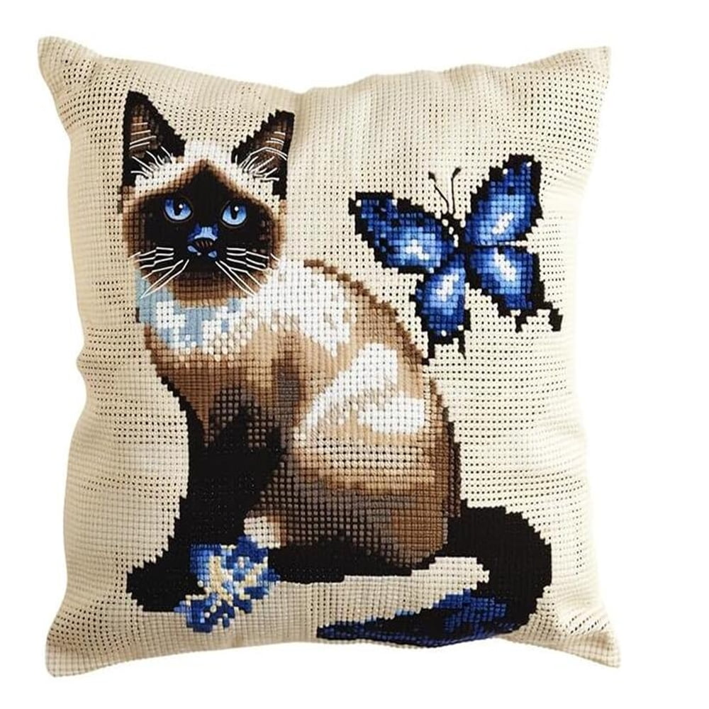 cat and Butterfly Stamped Cross-Stitch Pillow Kit,Animal,Cushion Needlework Kit with Embroidery Pattern on Cotton Canvas Holiday,Gift Kits 17x17in