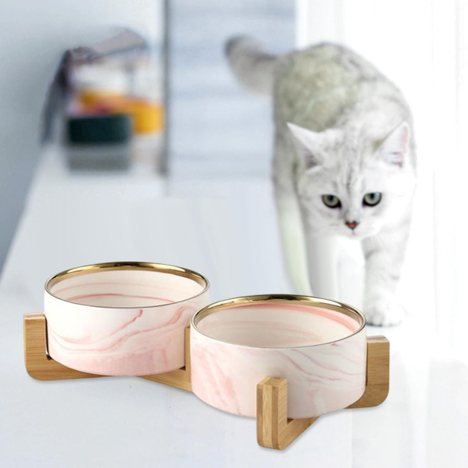 cat and dog Bowl Dish with Wood Stand Drinking Eating Feeding Bowl Food Container Cat Elevated Feeder Pet Bowl Cat Food Bowl Double Bowl