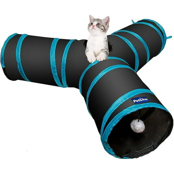 PetLike Y Way Cat Tunnel-Black | for Indoor Cats Collapsible Pop-up Pet Tube Peek Hole Hideaway Play Toys for Cats with Ball