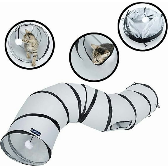 PetLike S Way Cat Tunnel-Grey | Collapsible Pop-up Pet Tube Hideaway Play Toy with Ball