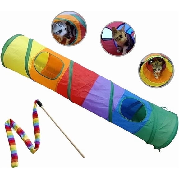 PetLike One Way Cat Tunnel, Collapsible Pop up Pet Play Toys with Peek Hole and Ball for Indoor Cats (Rainbow)