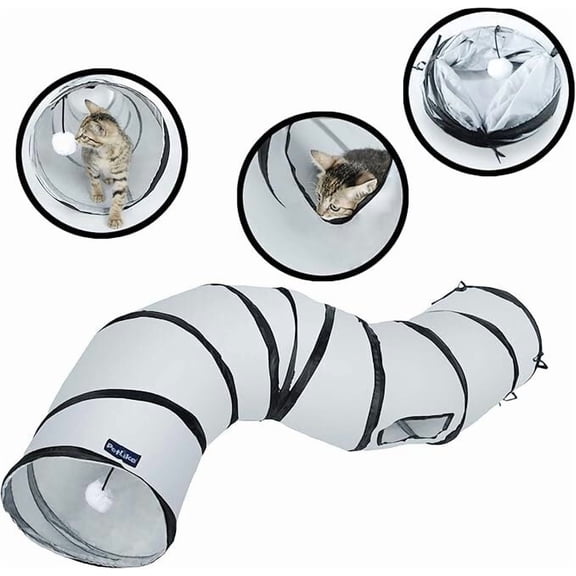 PetLike S Way Cat Tunnel, Collapsible Pop up Pet Tube Play Toy with Ball (Grey)