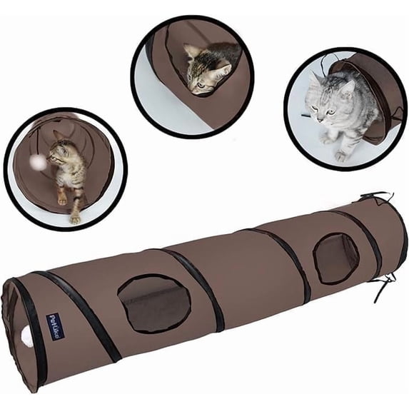 PetLike One Way Cat Tunnel, Collapsible Pop up Pet Play Toys with Peek Hole and Ball for Indoor Cats (Brown)