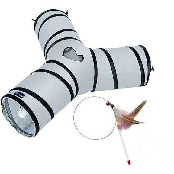 PetLike Y Way Cat Tunnel-Grey |  for Indoor Cats Collapsible Pop-up Pet Tube Peek Hole Hideaway Play Toys for Cats with Ball