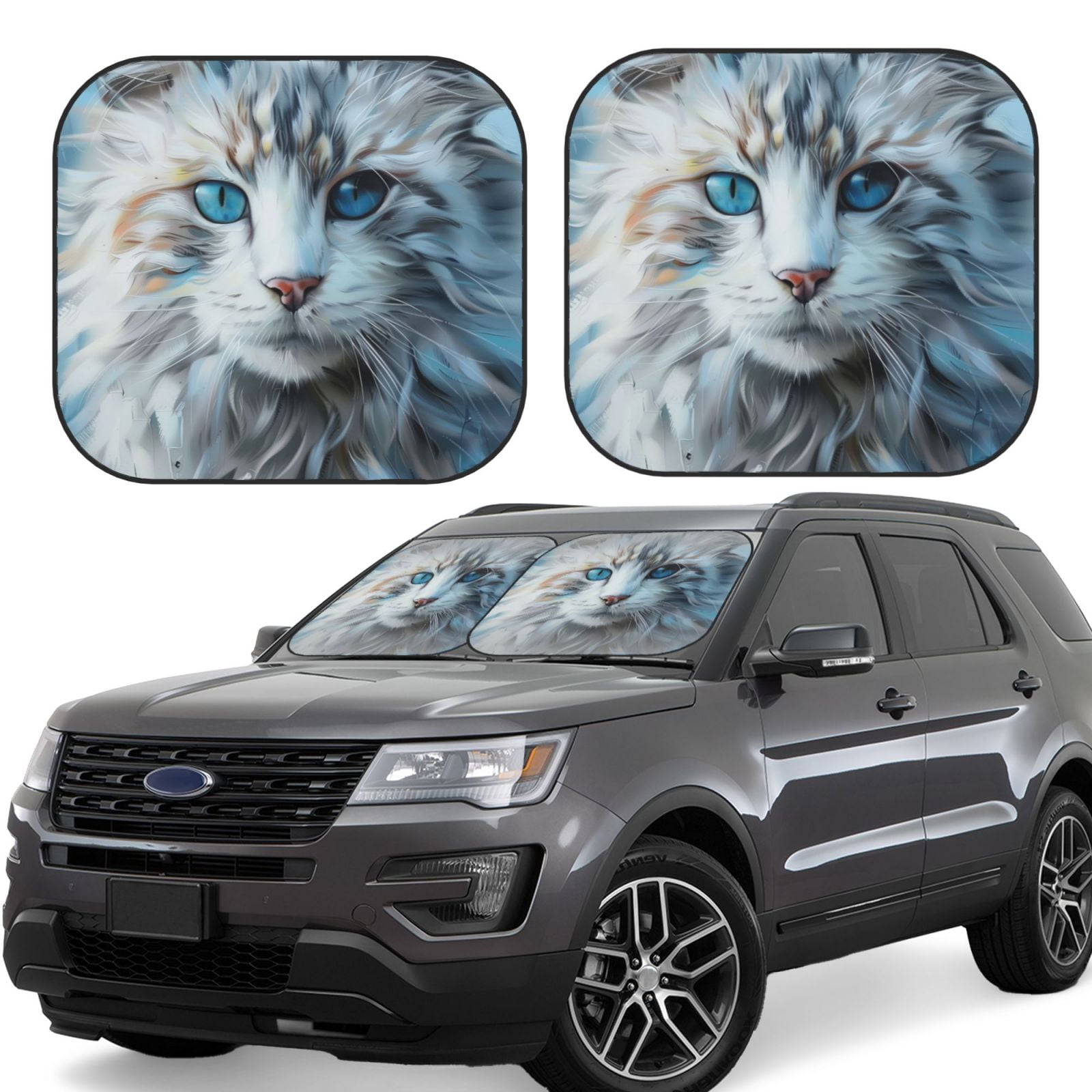 cat with striking blue eyes windshield sunshade, foldable front window
