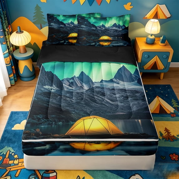 catabedysis Aurora Camping Zipper Full Size Comforter Sets with Fitted Sheet and 2 Pillowcases,Northern Lights Tent Print Zipper Bedding Set For Boys,Multicolor,Black Reversible,4-Piece