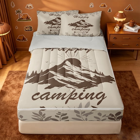 catabedysis Boho Camping Zipper Full Size Comforter Sets with Fitted Sheet and 2 Pillowcases,Mountain Print Zipper Bedding Set For Boys,Multicolor,Light Gray Reversible,4-Piece