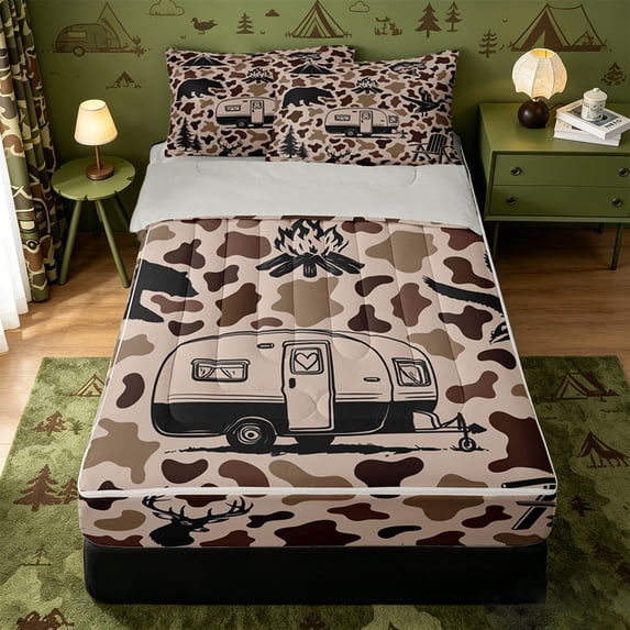 catabedysis Camo Camping Zipper Twin Comforter Sets with Fitted Sheet and 2 Pillowcases,Wildlife Camper Pattern Zipper Bedding Set For Boys,Brown Beige,Light Gray Reversible,4-Piece