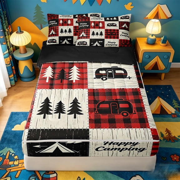 catabedysis Camper Theme Checkered Zipper Twin Comforter Sets with Fitted Sheet and 2 Pillowcases,Happy Camping Patchwork Print Zipper Bedding Set For Boys,Multicolor,Black Reversible,4 Pieces