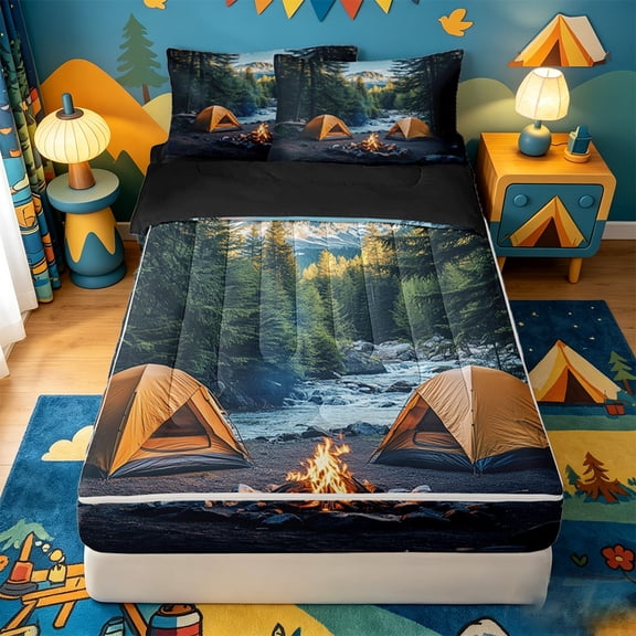 catabedysis Camper Zipper Twin Comforter Sets with Fitted Sheet and 2 Pillowcases,Outdoor Adventure Theme Zipper Bedding Set For Boys,Multicolor,Black Reversible,4 Pieces