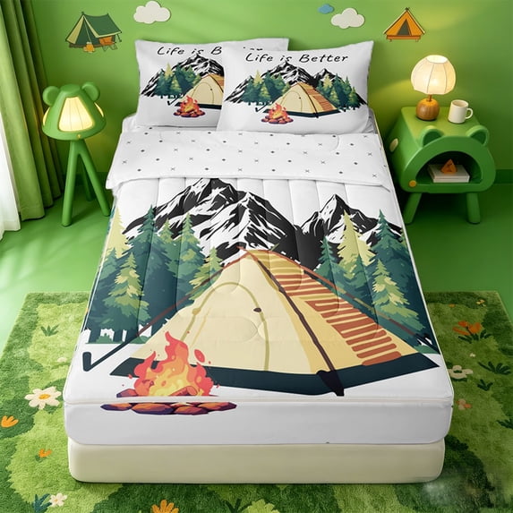 catabedysis Cartoon Camping Zipper Full Size Comforter Sets with Fitted Sheet and 2 Pillowcases,Nature Mountain Print Zipper Bedding Set For Boys,Multicolor,Reversible,4 Pieces