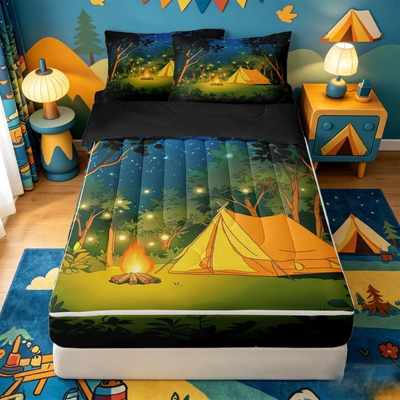 catabedysis Cartoon Camping Zipper Full Size Comforter Sets with Fitted Sheet and 2 Pillowcases,Starry Tent Print Zipper Bedding Set For Boys,Multicolor,Black Reversible,4 Pieces