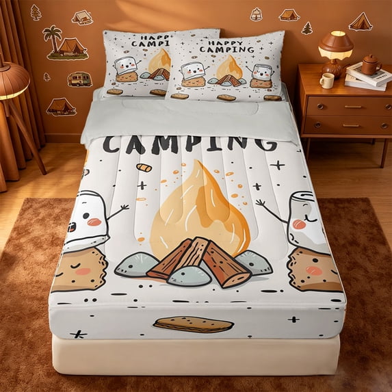 catabedysis Cute Camping Zipper Full Size Comforter Sets with Fitted Sheet and 2 Pillowcases For Girls,Kawaii S'Mores Print Zipper Bedding Set,Multicolor,Light Gray Reversible,4-Piece