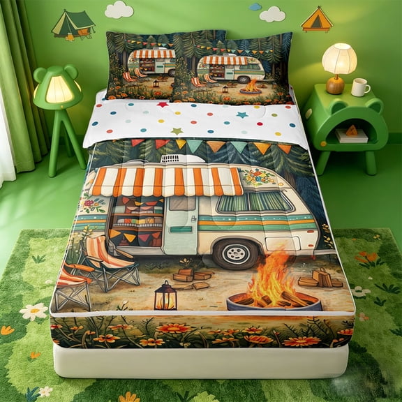 catabedysis Happy Camping Zipper Twin Comforter Sets with Fitted Sheet and 2 Pillowcases For Girls,Cute Floral Camper Print Zipper Bedding Set,Multicolor,Polkadot Reversible,4-Piece