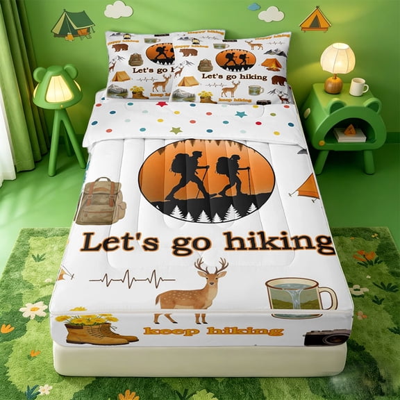 catabedysis Hiking Camping Zipper Twin Comforter Sets with Fitted Sheet and 2 Pillowcases,Deer Tent Print Zipper Bedding Set For Boys,Multicolor,Polkadot Reversible,4 Pieces