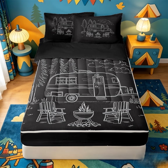 catabedysis Lines Camping Zipper Twin Comforter Sets with Fitted Sheet and 2 Pillowcases,Camper Print Zipper Bedding Set For Boys,Multicolor,Black Reversible,4-Piece
