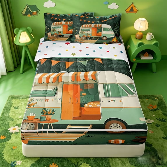 catabedysis Modern Colorful Camper Zipper Full Size Comforter Sets with Fitted Sheet and 2 Pillowcases,Cartoon Camping Print Zipper Bedding Set For Boys,Multicolor,Polkadot Reversible,4-Piece