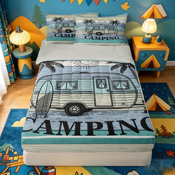 catabedysis Ocean Beach Camping Zipper Twin Comforter Sets with Fitted Sheet and 2 Pillowcases,Camper Print Zipper Bedding Set For Boys,Multicolor,Light Gray Reversible,4-Piece