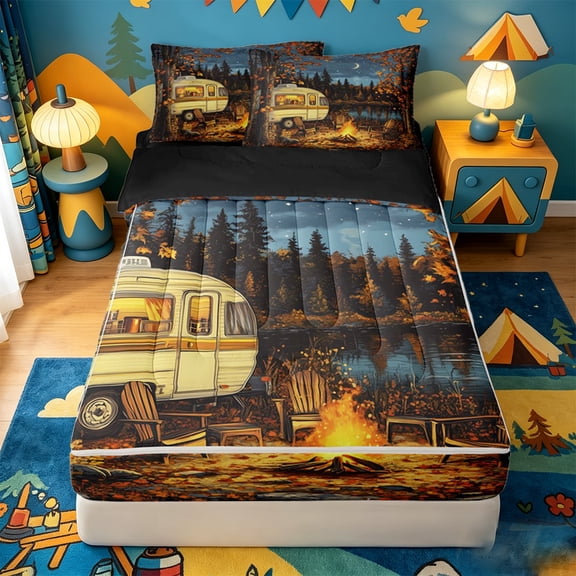 catabedysis Outdoor Camping Adventure Zipper Full Size Comforter Sets with Fitted Sheet and 2 Pillowcases,Rustic Autumn Maples Zipper Bedding Set For Boys,Multicolor,Black Reversible,4-Piece
