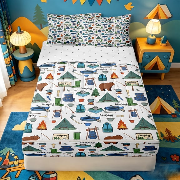 catabedysis Outdoor Camping Zipper Twin Comforter Sets with Fitted Sheet and 2 Pillowcases,Tent Bear Pattern Zipper Bedding Set For Boys,Multicolor,Reversible,4-Piece