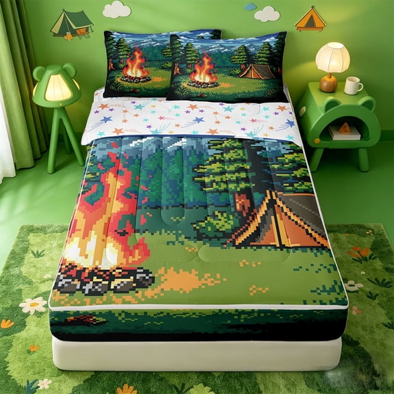 catabedysis Pixel Camping Zipper Twin Comforter Sets with Fitted Sheet and 2 Pillowcases,Campfire Tent Print Zipper Bedding Set For Boys,Multicolor,Colorful Stars Reversible,4-Piece