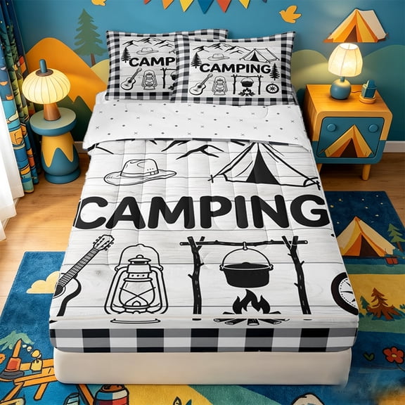 catabedysis Plaid Camping Zipper Full Size Comforter Sets with Fitted Sheet and 2 Pillowcases,Sketch Print Zipper Bedding Set For Boys,Multicolor,Reversible,4-Piece