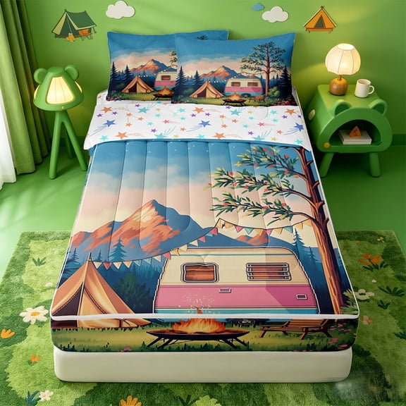 catabedysis Rainbow Cute Camping Zipper Twin Comforter Sets with Fitted Sheet and 2 Pillowcases For Girls,Camper Tent Print Zipper Bedding Set,Multicolor,Colorful Stars Reversible,4 Pieces
