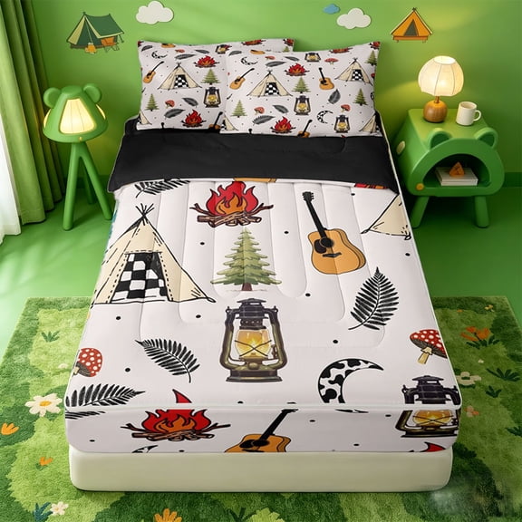 catabedysis Retro Camping Zipper Twin Comforter Sets with Fitted Sheet and 2 Pillowcases,Campfire Guitar Print Zipper Bedding Set For Boys,Beige Black,Black Reversible,4 Pieces