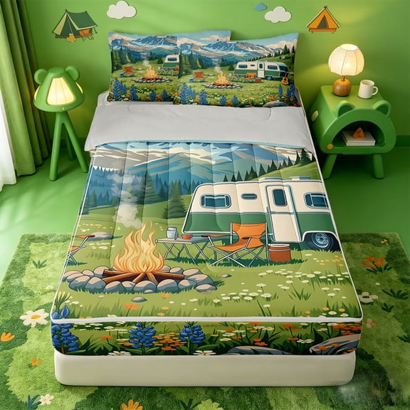 catabedysis Retro Camping Zipper Twin Comforter Sets with Fitted Sheet and 2 Pillowcases For Girls,Camper Campfire Print Zipper Bedding Set,Multicolor,Light Gray Reversible,4 Pieces