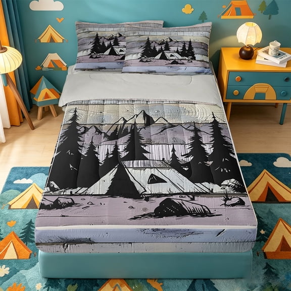 catabedysis Rustic Camping Zipper Twin Comforter Sets with Fitted Sheet and 2 Pillowcases,Country Farmhouse Lodge Zipper Bedding Set For Boys,Multicolor,Light Gray Reversible,4 Pieces