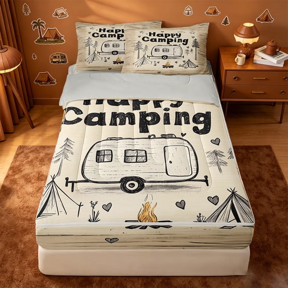 catabedysis Sketch Camping Zipper Twin Comforter Sets with Fitted Sheet and 2 Pillowcases,Camper Tent Print Zipper Bedding Set For Boys,Multicolor,Light Gray Reversible,4 Pieces