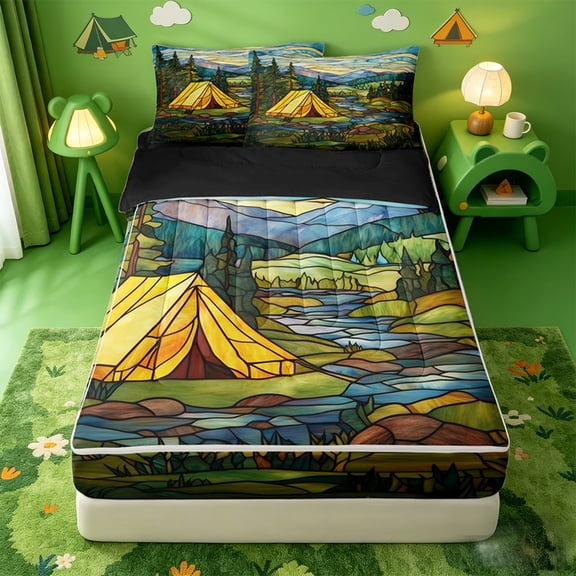 catabedysis Stained Glass Camping Zipper Twin Comforter Sets with Fitted Sheet and 2 Pillowcases,Rustic Bohemian Style Zipper Bedding Set For Boys,Multicolor,Black Reversible,4-Piece