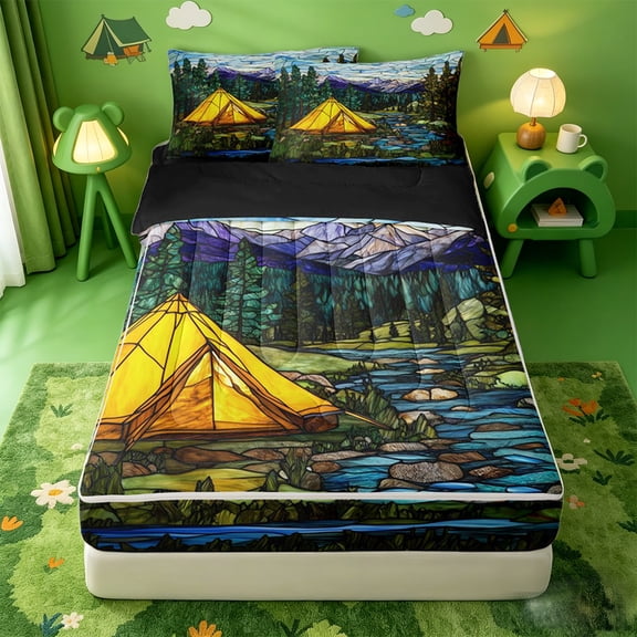 catabedysis Vintage Boho Exotic Style Zipper Twin Comforter Sets with Fitted Sheet and 2 Pillowcases,Rustic Camper Pattern Zipper Bedding Set For Boys,Multicolor,Black Reversible,4 Pieces