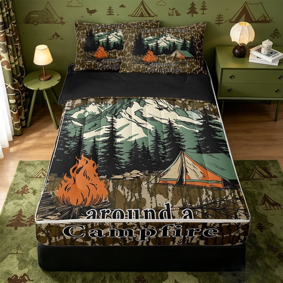 catabedysis Vintage Camouflage Print Zipper Twin Comforter Sets with Fitted Sheet and 2 Pillowcases,Outdoor Camping Adcenture Zipper Bedding Set For Camper Gifts,Green Brown,Black Reversible,4 Pieces