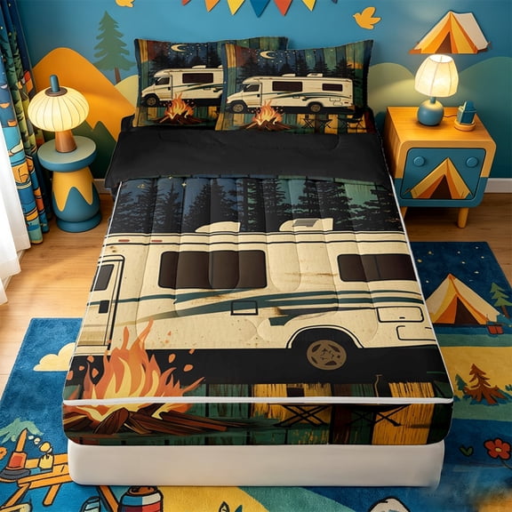 catabedysis Vintage Camper Zipper Full Size Comforter Sets with Fitted Sheet and 2 Pillowcases,Travel Trailers Print Zipper Bedding Set For Boys,Multicolor,Black Reversible,4-Piece