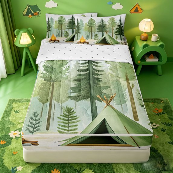 catabedysis Watercolor Camping Zipper Full Size Comforter Sets with Fitted Sheet and 2 Pillowcases,Tropical Botanical Tree Zipper Bedding Set For Boys,Multicolor,Reversible,4 Pieces