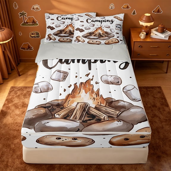 catabedysis Watercolor Camping Zipper Twin Comforter Sets with Fitted Sheet and 2 Pillowcases For Girls,S'Mores Campfire Print Zipper Bedding Set,Multicolor,Light Gray Reversible,4-Piece
