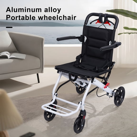 cbehtwi Folding Wheelchair for Adults, Lightweight Portable Transit Travel Chair with Carbon Steel Frame PU Wheels Ergonomic  Adjustable Safety Strap
