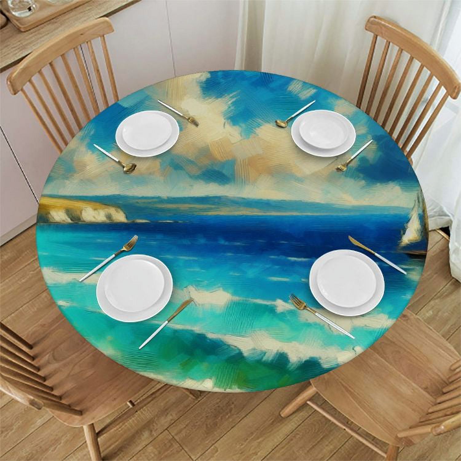 cbxzyzzc Beach Area Sailboat Palm Tree Round Fitted Tablecloth With Elastic Edge, Polyester