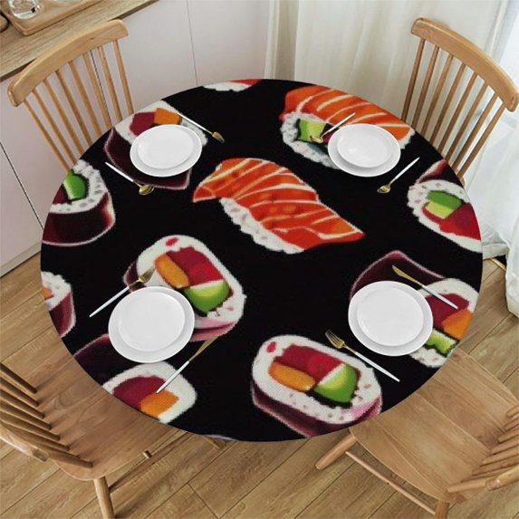 cbxzyzzc Sushi Japanese Food Round Fitted Table Cloth with Elastic Edge Waterproof Vinyl Tablecloths Wipeable Circle Table Cover for Round Table Indoor Outdoor Use