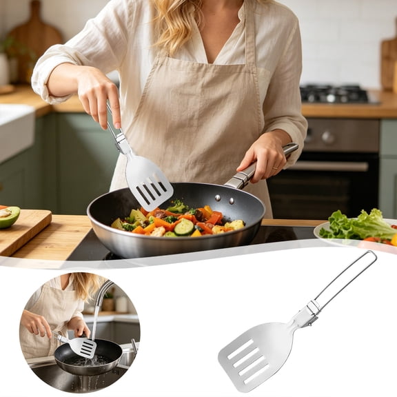 cbzote 304 Stainless Steel Lockable Folding Slotted Spatula Portable Cooking Turner for Outdoor Camping Picnic BBQ Grilling Travel Household Kitchen Cookware Tool