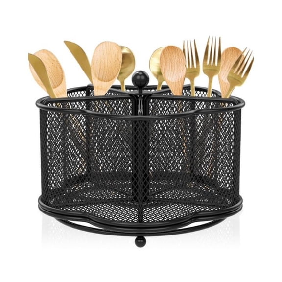 cbzote Rotatable Mesh Silverware Caddy 5 Divided Compartments Flatware Organizer for Fork Spoon Knife Countertop Buffet Camping Picnic Kitchen Storage