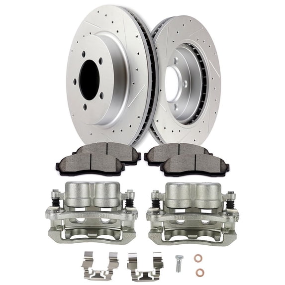 cciyu Front Left + Right Brake Kits with Calipers - 2 Dics Rotors 4 Ceramic Pads 2 Calipers With Bracket fit For Ford For Explorer 2002-2005 For Mercury For Mountaineer 2002-2005