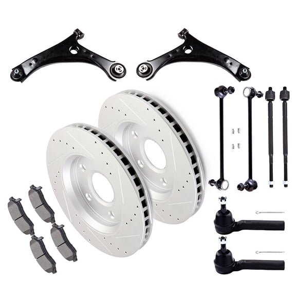 cciyu Lower Control Arm Inner Outer Tie Rod End Sway Bar Link Brake Pad Brake Rotor Compatible fit 2008-2016 For Chrysler Town & Country 2008-2016 For Dodge Grand Caravan 14pcs Suspension Kit